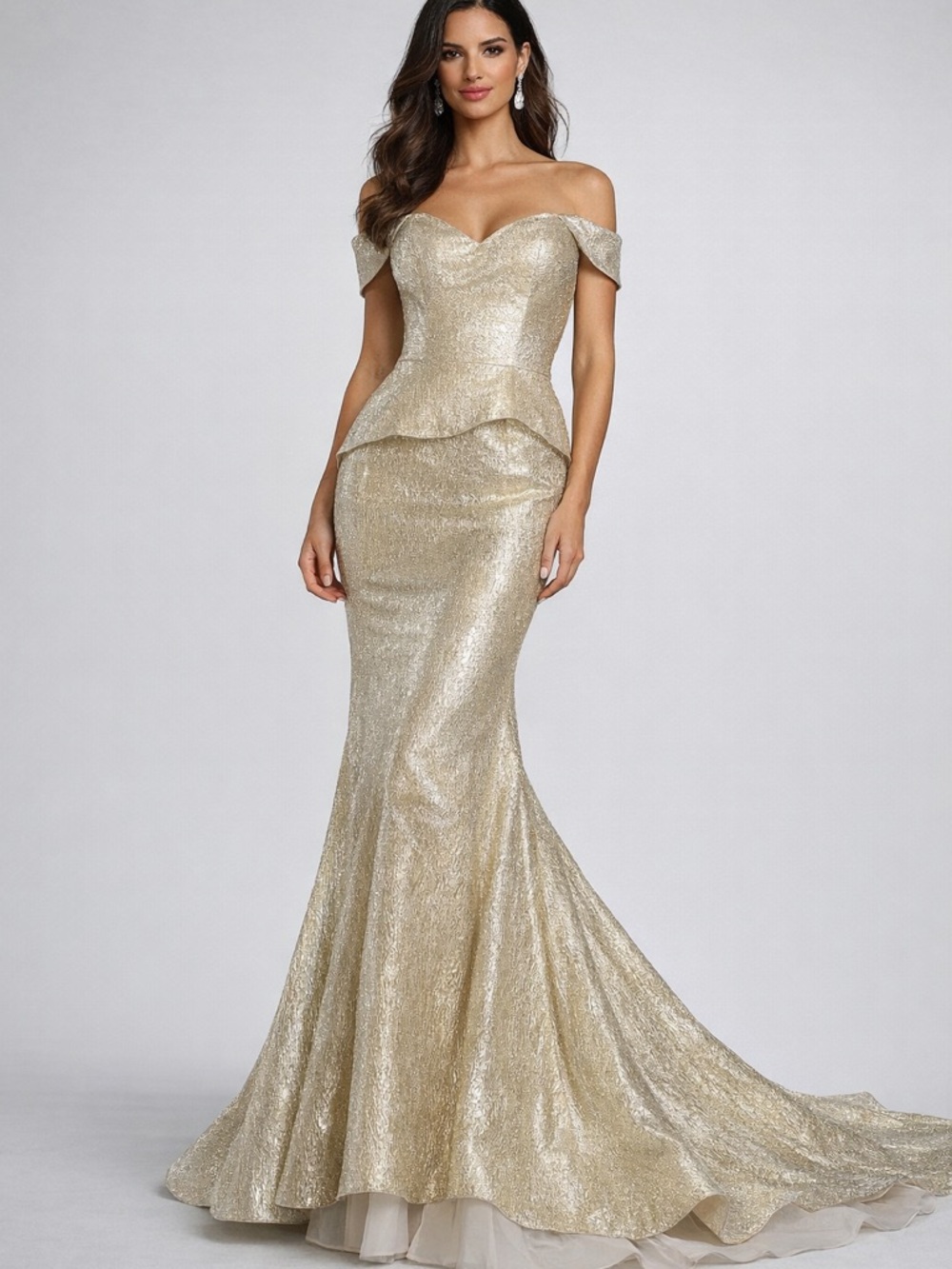 MGNY Madeline Gardner Gold Metallic Off Shoulder Mermaid Gown Size 4